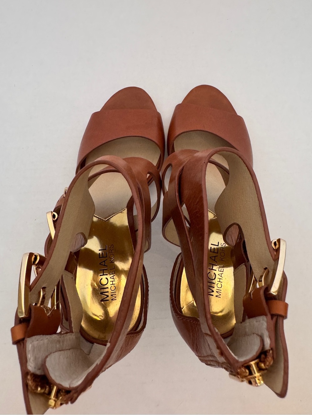 Michael Michael Kors Lucinda Brown Leather Strap Heels 8.5 M Sandals Gold Buckle - Picture 4 of 11